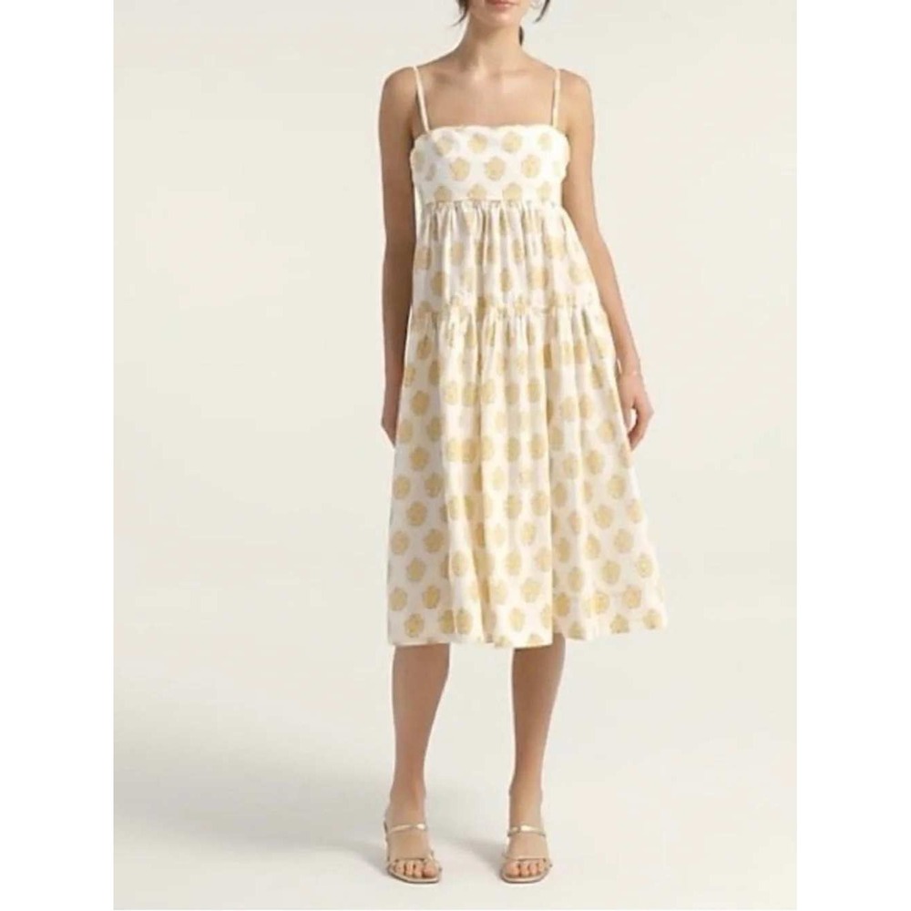 J CREW Tie Back Tiered Midi Dress in Gathered Floral Block Print Yellow Size 6